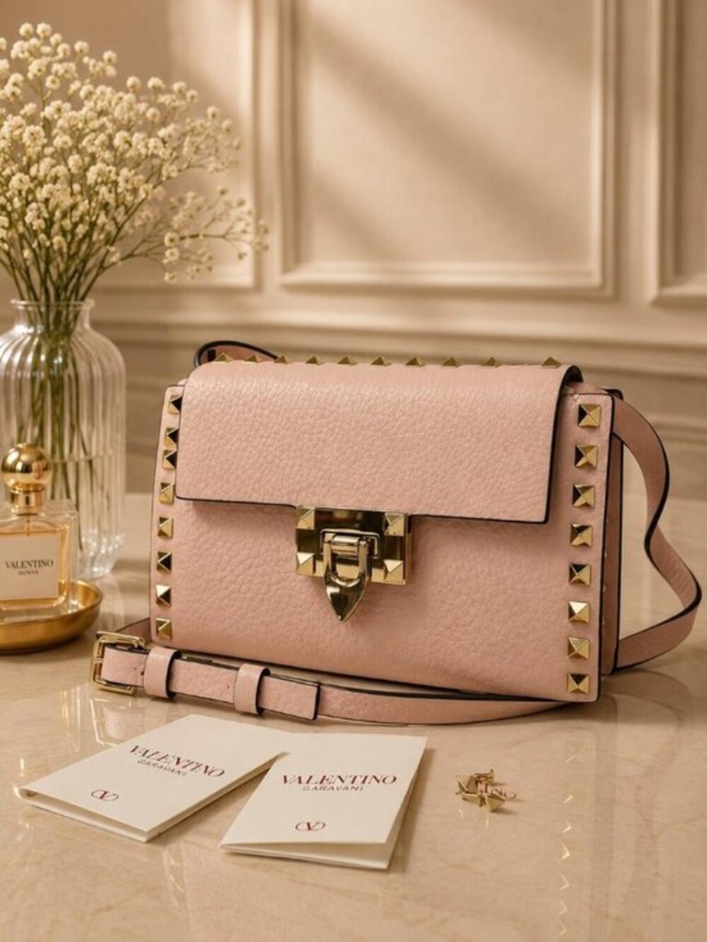 Authentic Valentino Garavani Rockstud Small Pink Leather Crossbody Bag